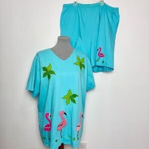 The Quacker Factory Blue Flamingo & Palm Tree 2 Piece Set Shirt & Shorts